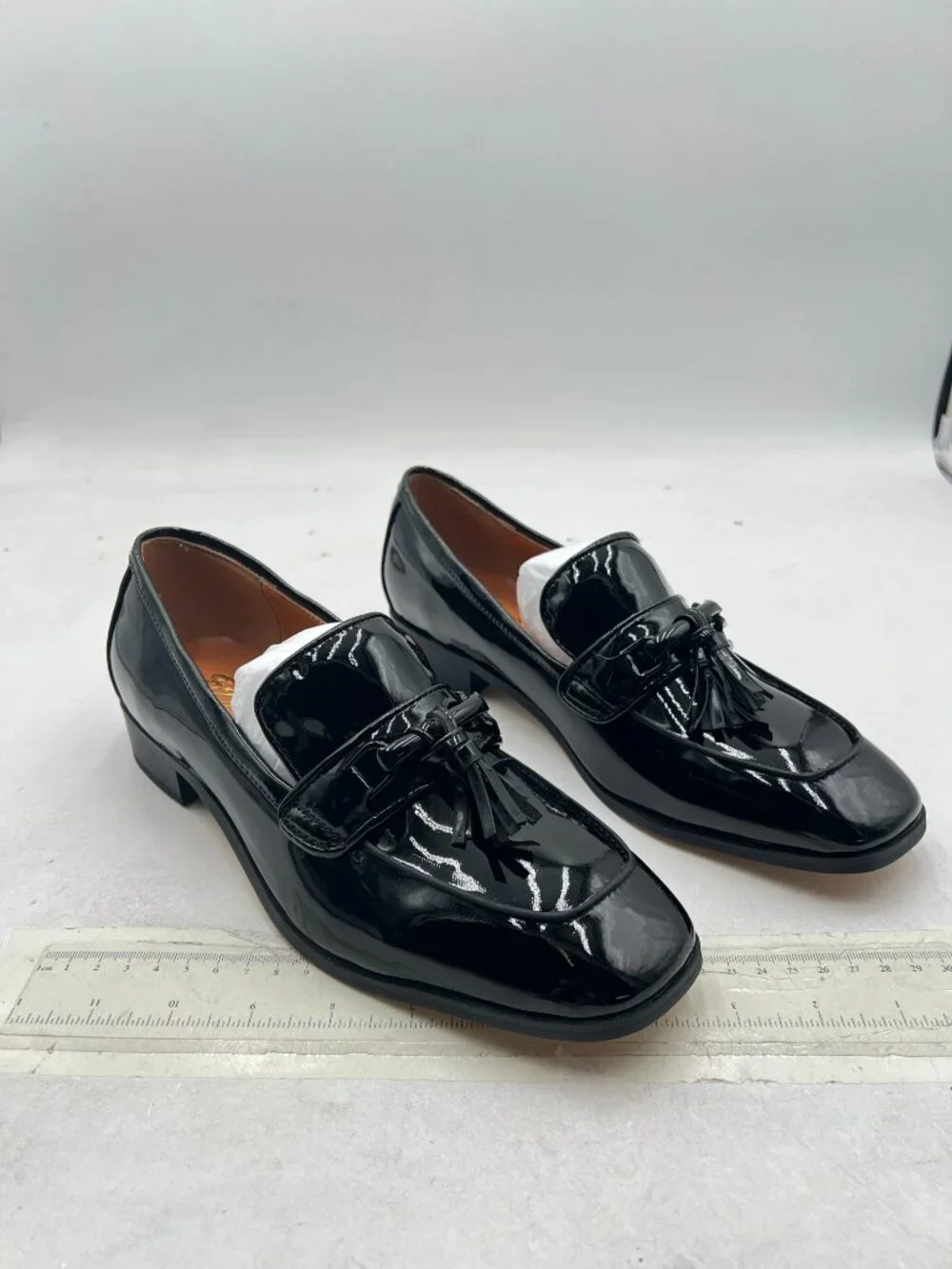 FOWT Black Men Glossy Square Toe Tassels Decor Loafers Low Heel Slip On Shoes